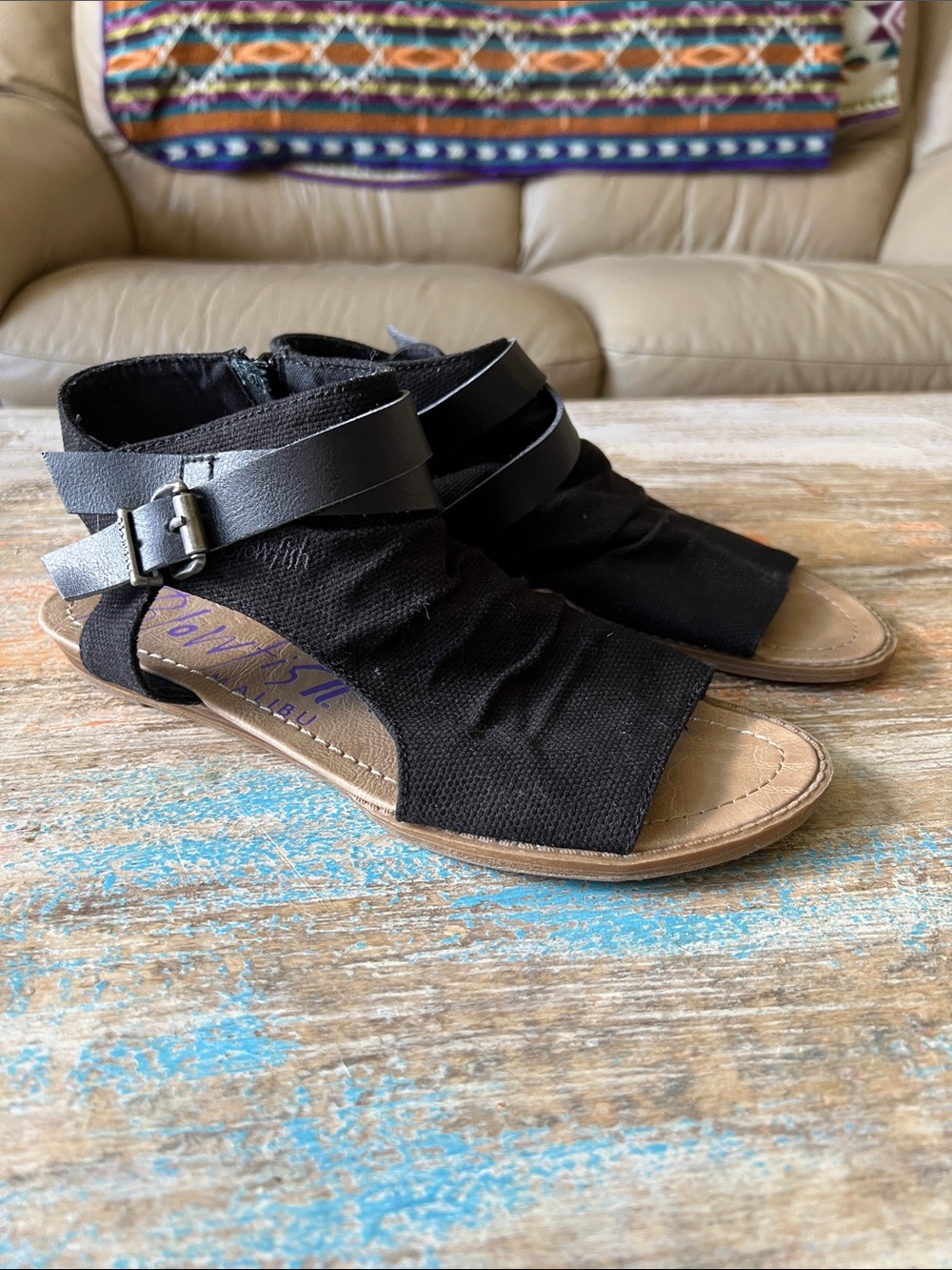 Blowfish Malubu Black Ruched Ankle-Strap Sandals with Buckle